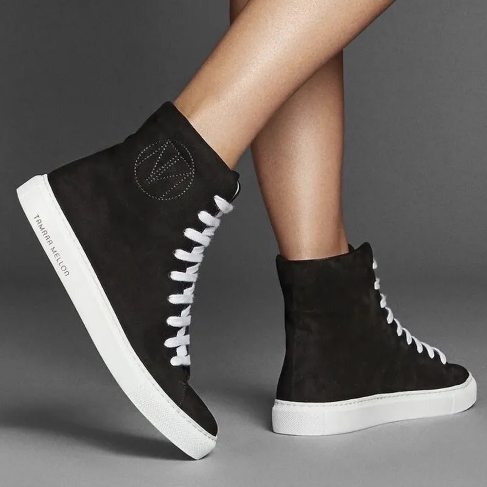Tamara Mellon THC High Top Black Suede Lace Up Sneakers Size EU 36.5 - US 6.5